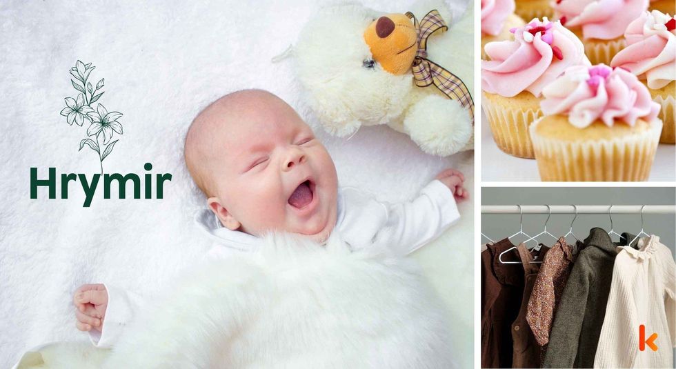 Baby name Hrymir - cute baby, cupcake & clothes