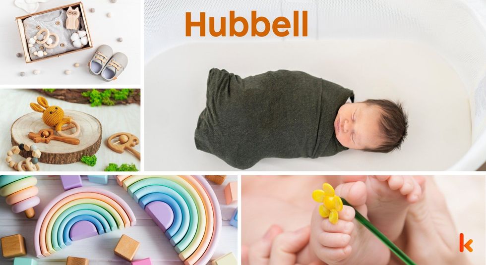 Baby name hubbell - toys, baby feet, knitted bunny & baby teethers.