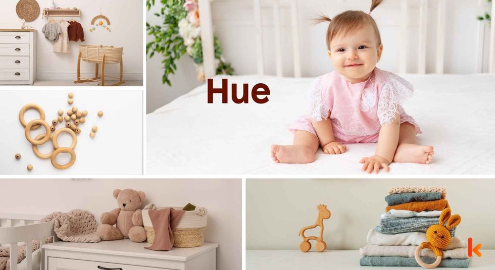 Baby name Hue - Cute baby, blankets, room, teethers, cradle.