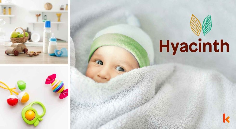 Baby name Hyacinth - cute baby, wooden toys, milk bottle & teethers.
