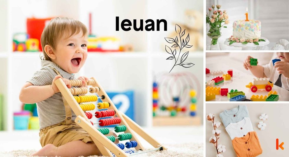 Baby name Ieuan - happy boy, clothes, toys, cake