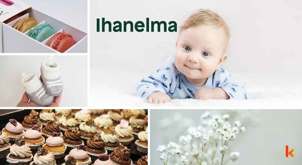 Baby name Ihanelma - cute baby, macarons, booties, cupcake & flowers