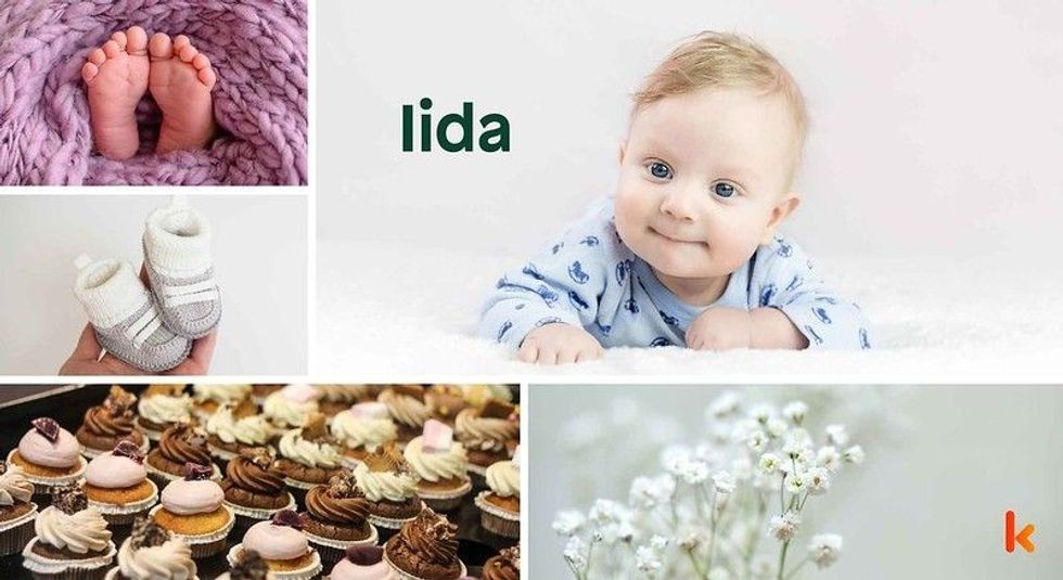 Baby name Iida - cute baby, feet, booties, cupcake & flowers