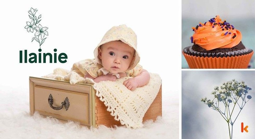 Baby name Ilainie - cute baby, cupcake & flowers