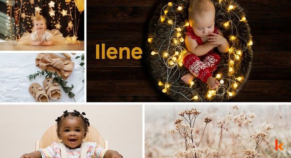 Baby Name Ilene - cute baby, gold crown, fairy lights & flowers