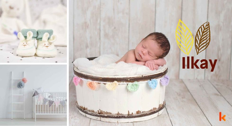 Baby name Ilkay - Cute baby, decorative basket, booties & cradle. 
