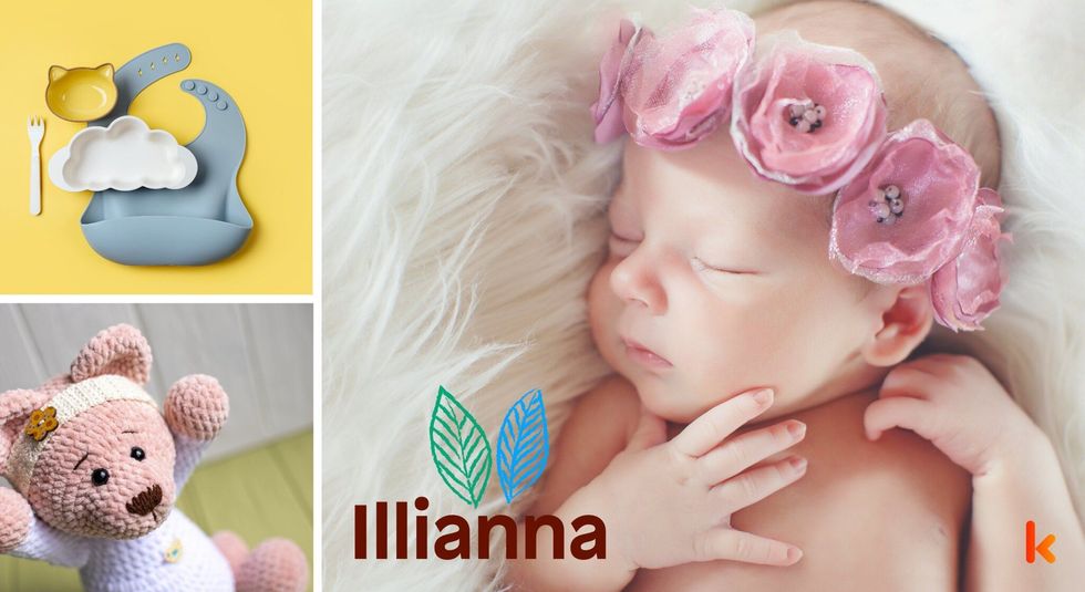 Baby name illianna - teddy bear soft toy & baby bown, spoon