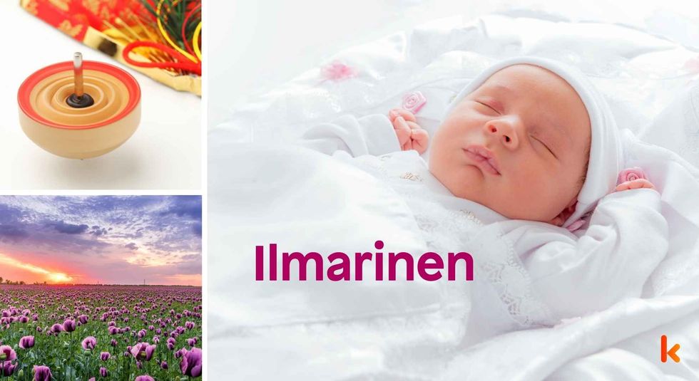Baby name Ilmarinen - cute baby, flowers, toys