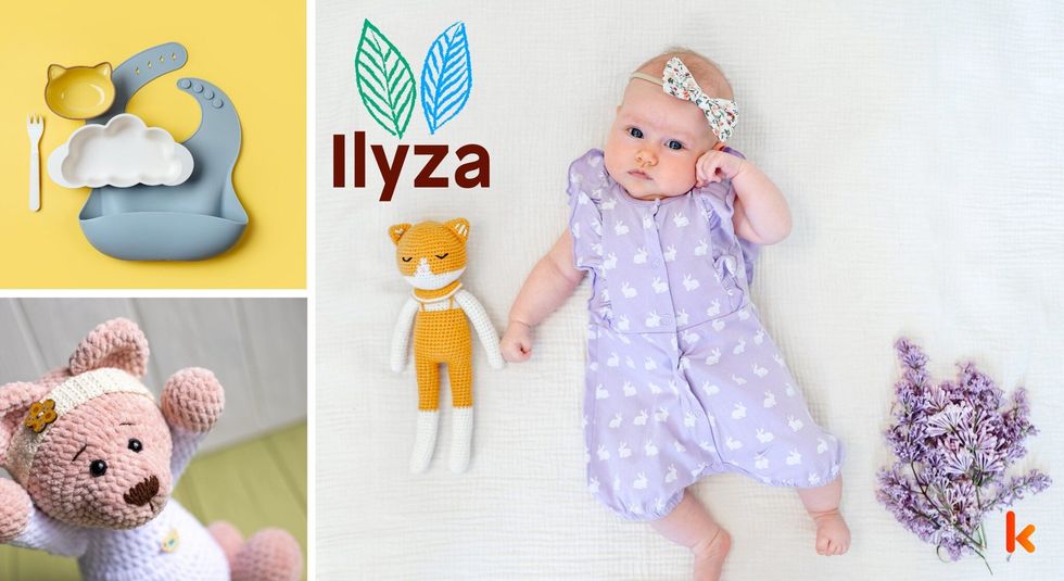 Baby name ilyza - teddy bear, baby spoon & bowl