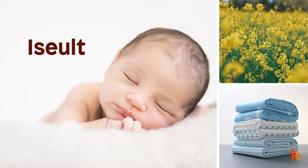Baby name Iseult - cute baby, blanket, flowers