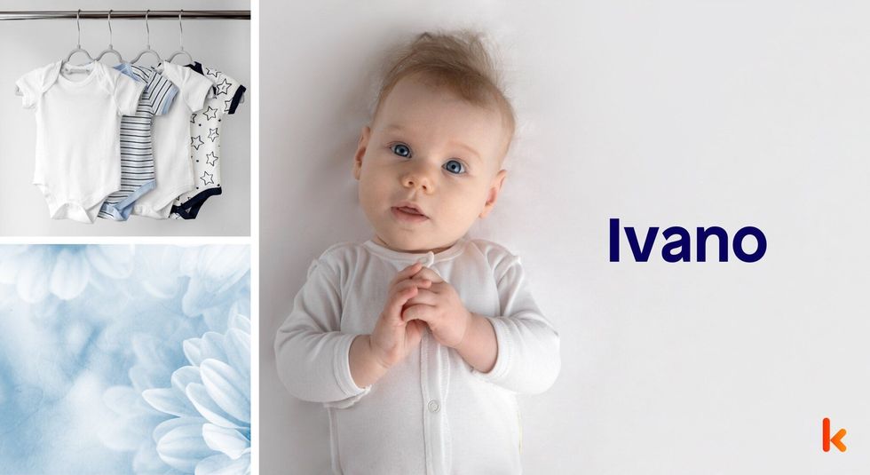 Baby Name Ivano - cute baby, blue flower, baby clothes.