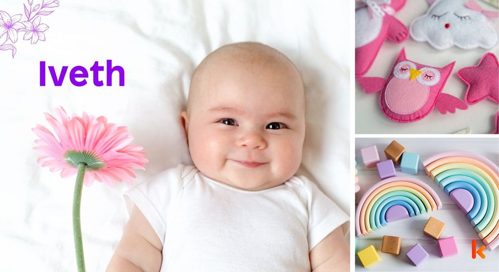 Baby Name Iveth - cute baby, pink flower, baby toy.