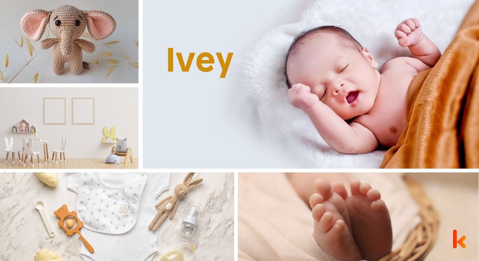Baby Name Ivey - cute baby, knitted toy, baby foot in basket.