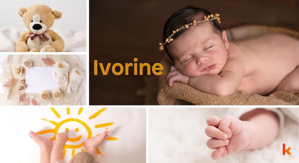 Baby Name Ivorine - cute baby, teddy toy, baby booties.