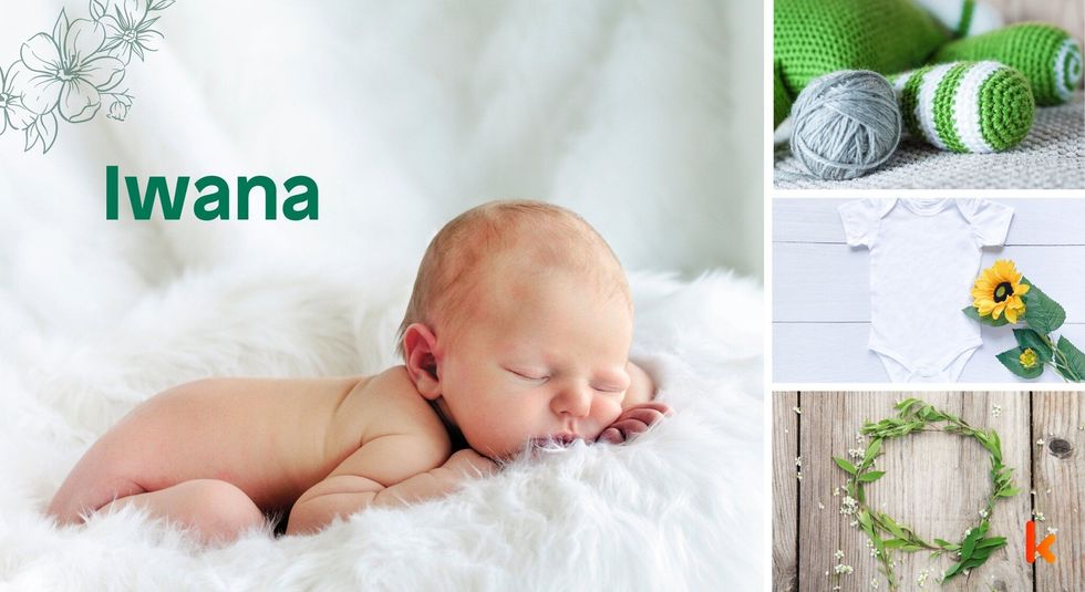 Baby Name Iwana - cute baby, baby clothes, green leaf.
