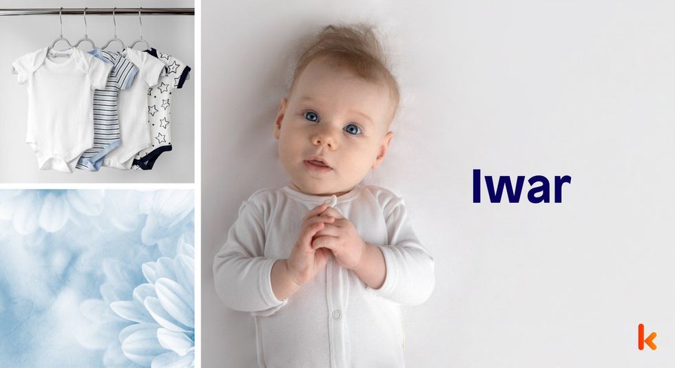 Baby Name Iwar - cute baby, blue flower, baby clothes.