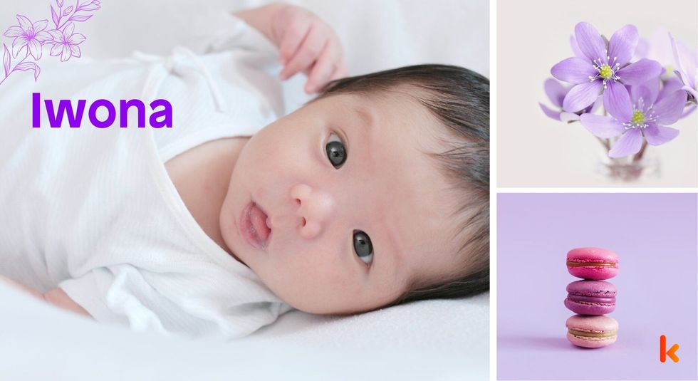 Baby Name Iwona - cute baby, Flower, macarons.