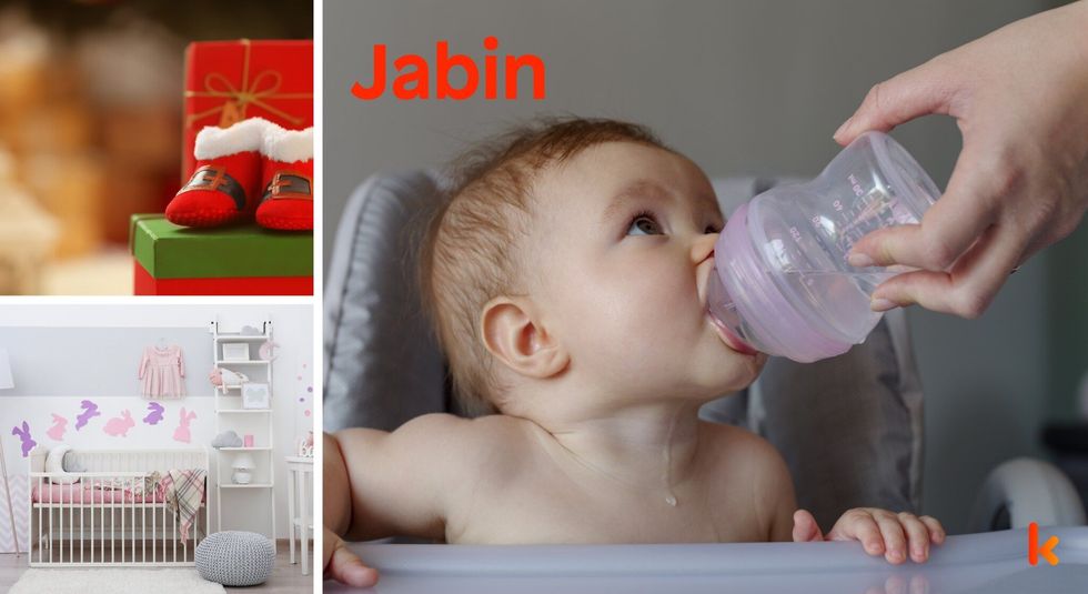 Baby name Jabin - cute baby, flowers, shoes and toys.