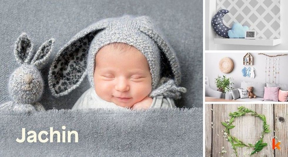 Baby name jachin - cute baby, grey rabbit toy and moon pillow