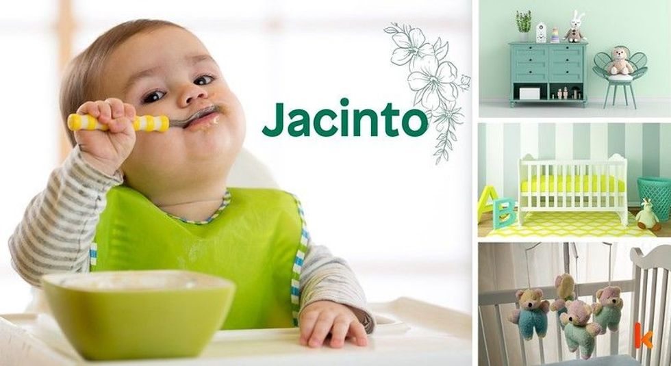 Baby name jacinto - green sweater, spoon & bowl, teddy