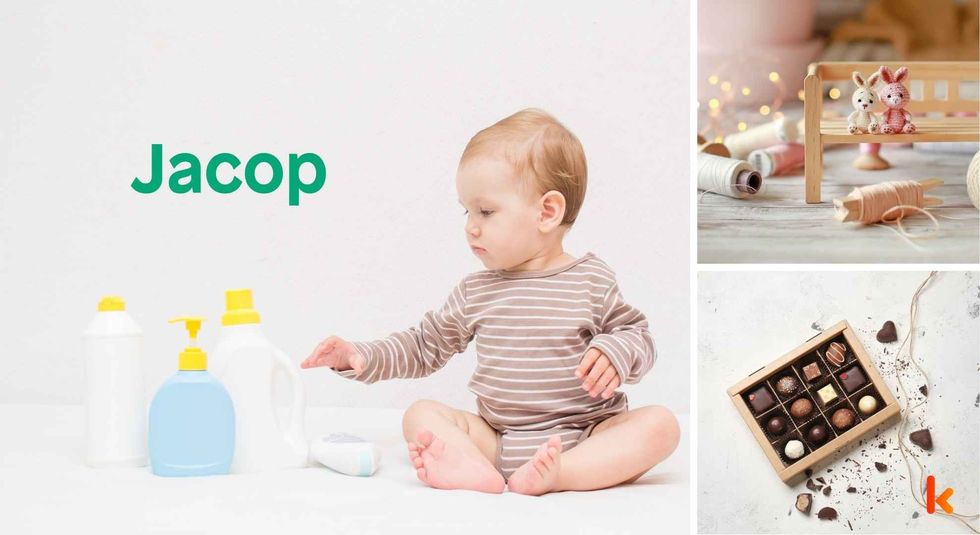 Baby name Jacop - Cute baby, chocolates, knitted toys.