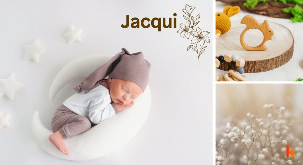 Baby name Jacqui - cute baby, teether & flowers