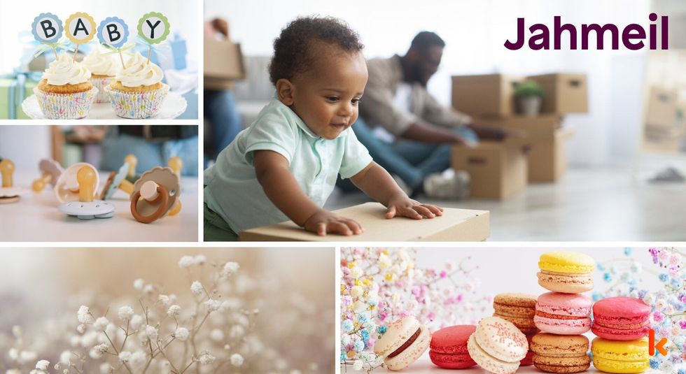 Baby name Jahmeil - cute baby, cupcake, pacifier, flowers & macarons