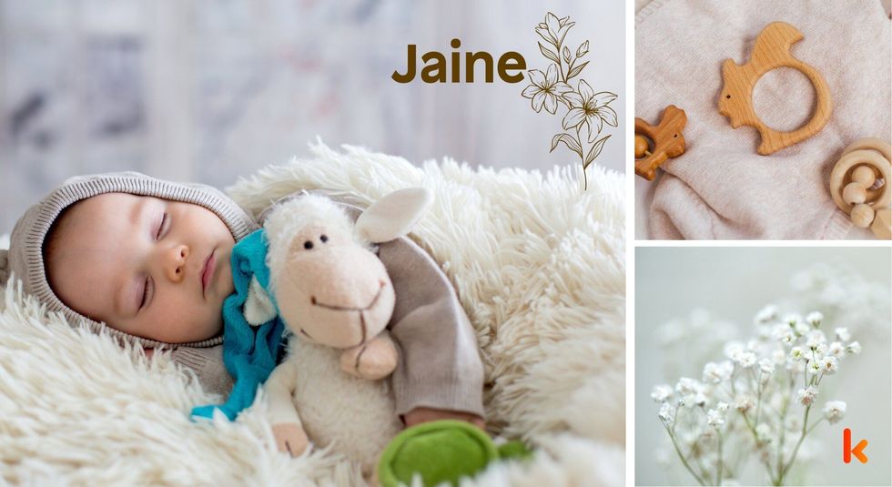 Baby name Jaine - cute baby, teether & flowers