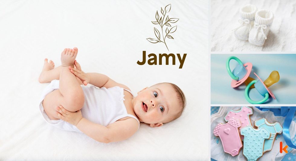 Baby name Jamy - cute baby, booties, pacifier & cookies