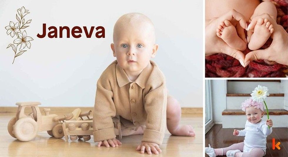 Baby name Janeva - cute baby, baby costume, baby feet & baby flowers.