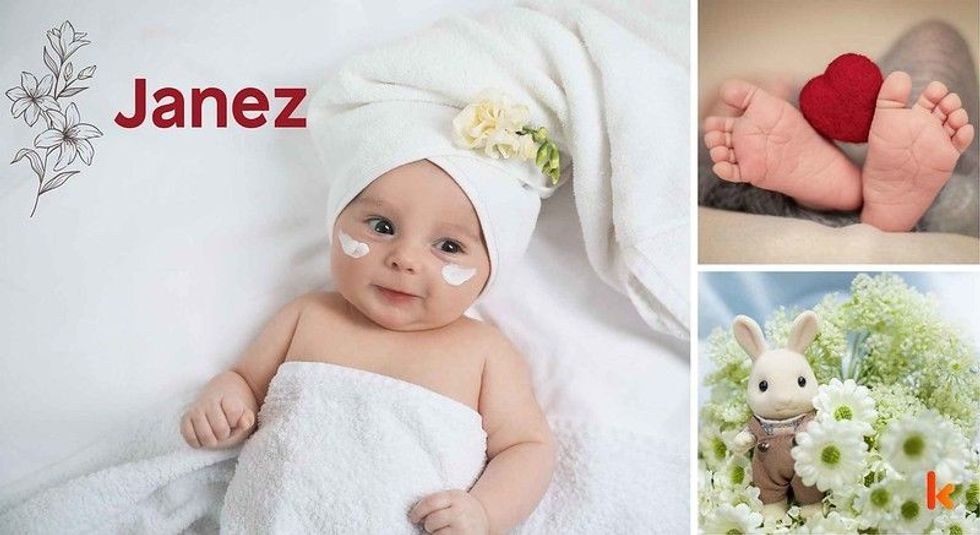 Baby name Janez - cute baby, baby costume, baby feet & baby flowers.