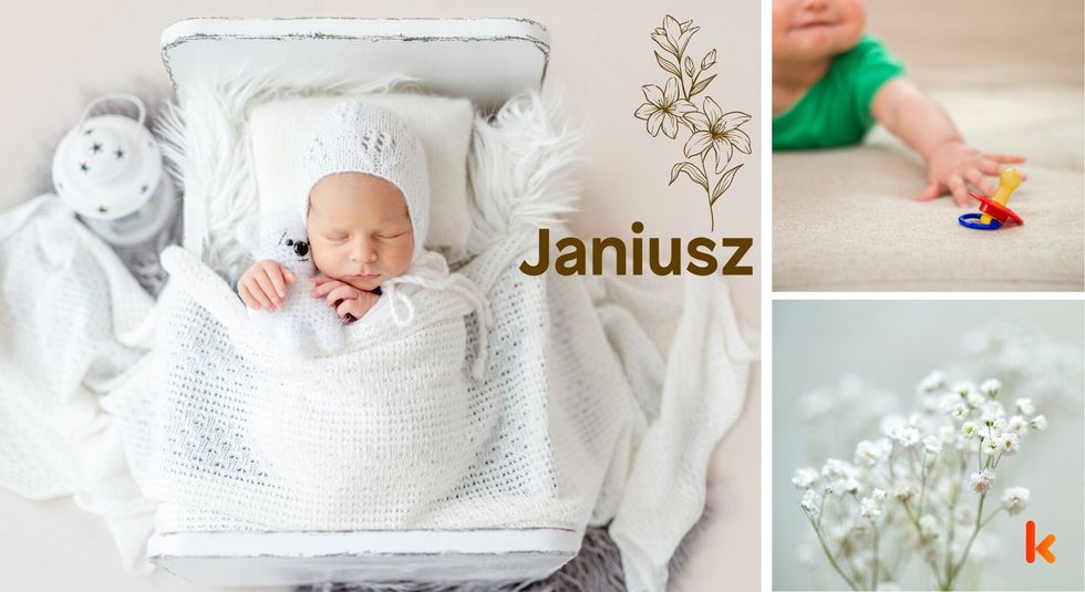Baby name Janiusz - cute baby, pacifier & flowers