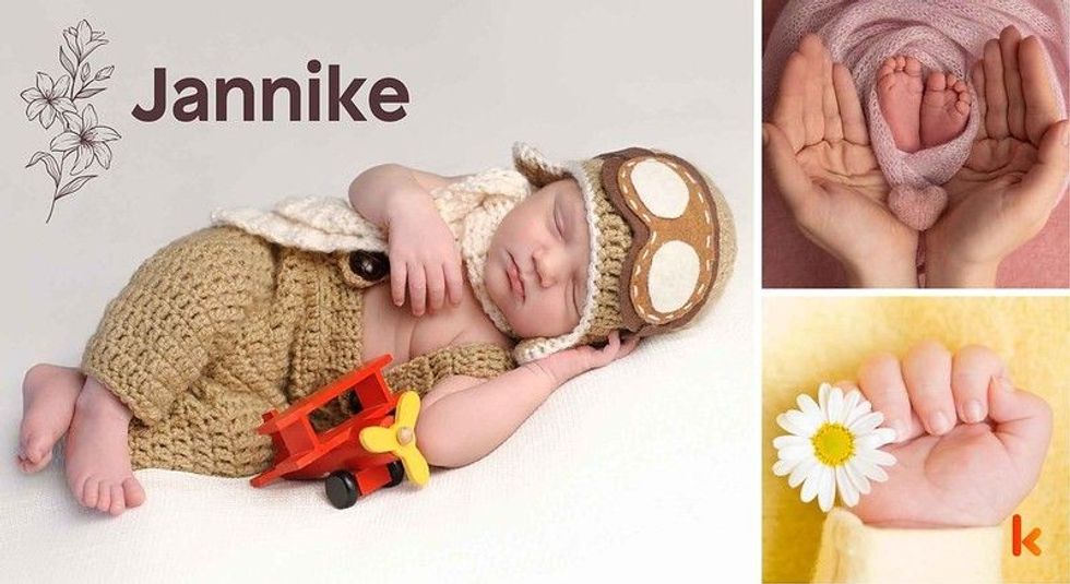 Baby name Jannike - cute baby, baby costume, baby feet & baby flowers.