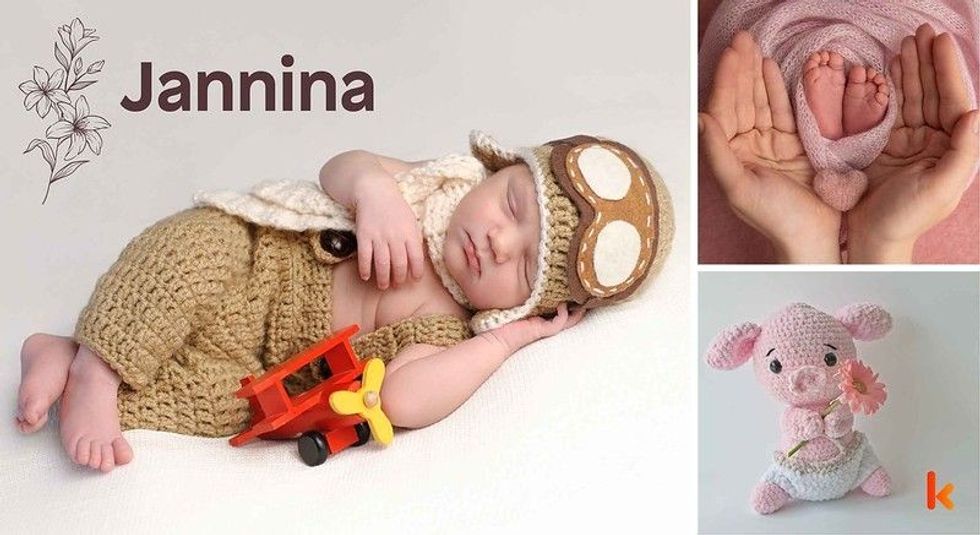Baby name Jannina - cute baby, baby costume, baby feet & baby flowers.