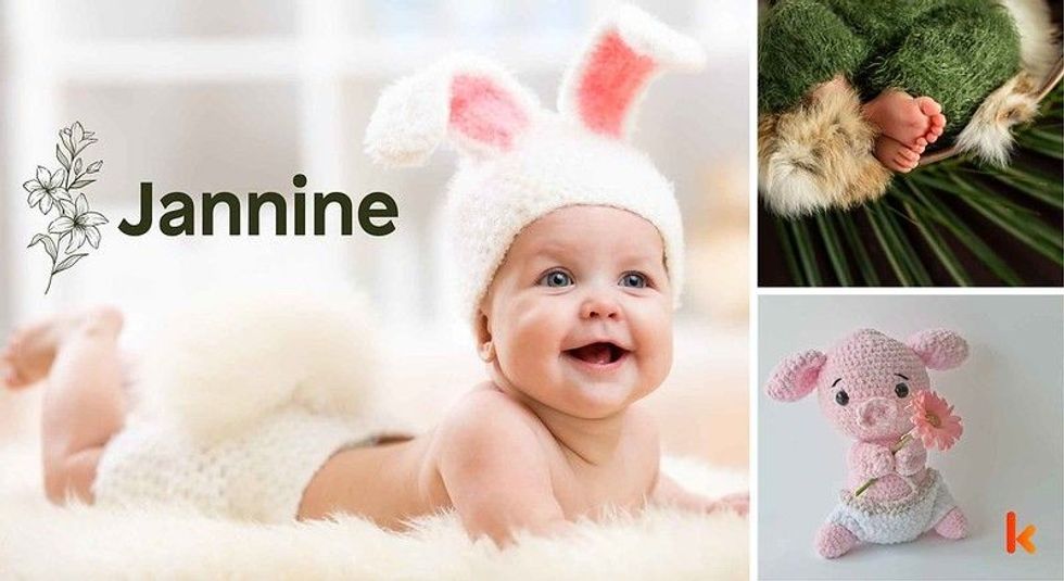 Baby name Jannine - cute baby, baby costume, baby feet & baby flowers.