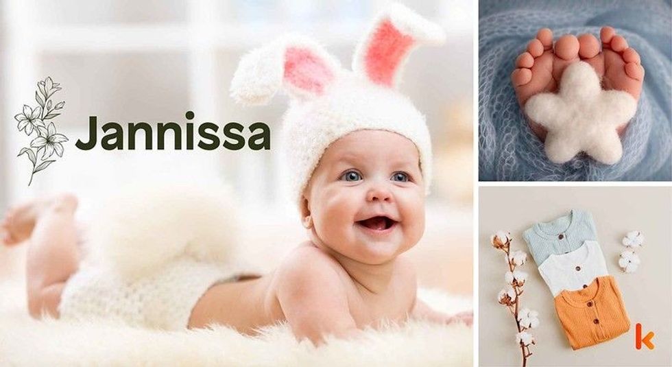 Baby name Jannissa - cute baby, baby costume, baby feet & baby flowers.