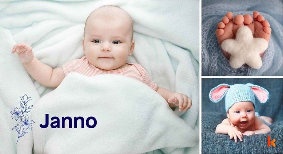Baby name Janno - cute baby, baby costume, baby feet & baby flowers.