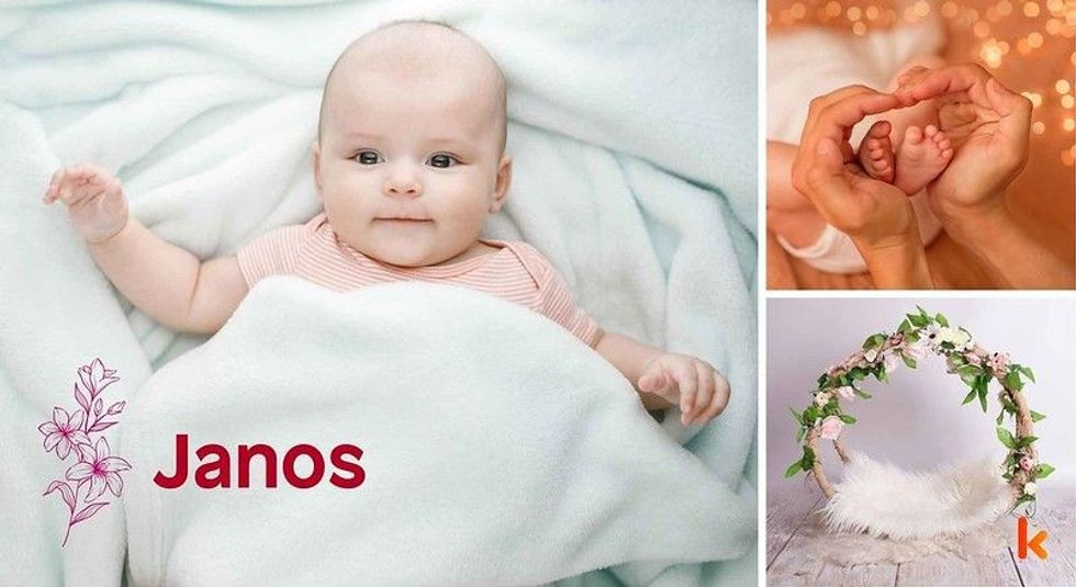 Baby name Janos - cute baby, baby costume, baby feet & baby flowers.
