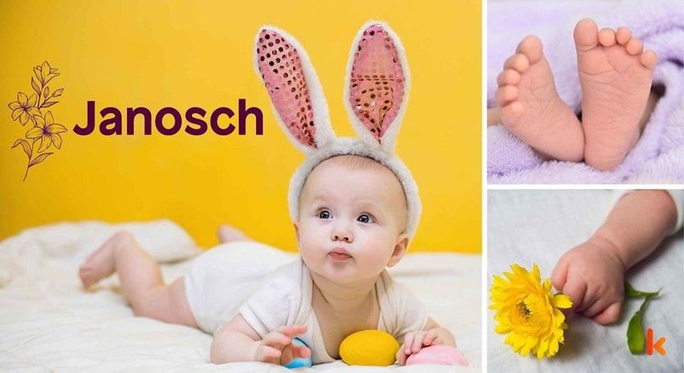 Baby name Janosch - cute baby, baby costume, baby feet & baby flowers.