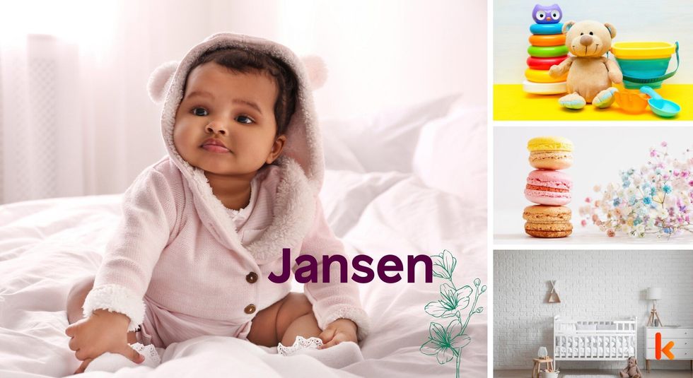 Baby name Jansen - cute baby, toys, crib, macarons, flowers 