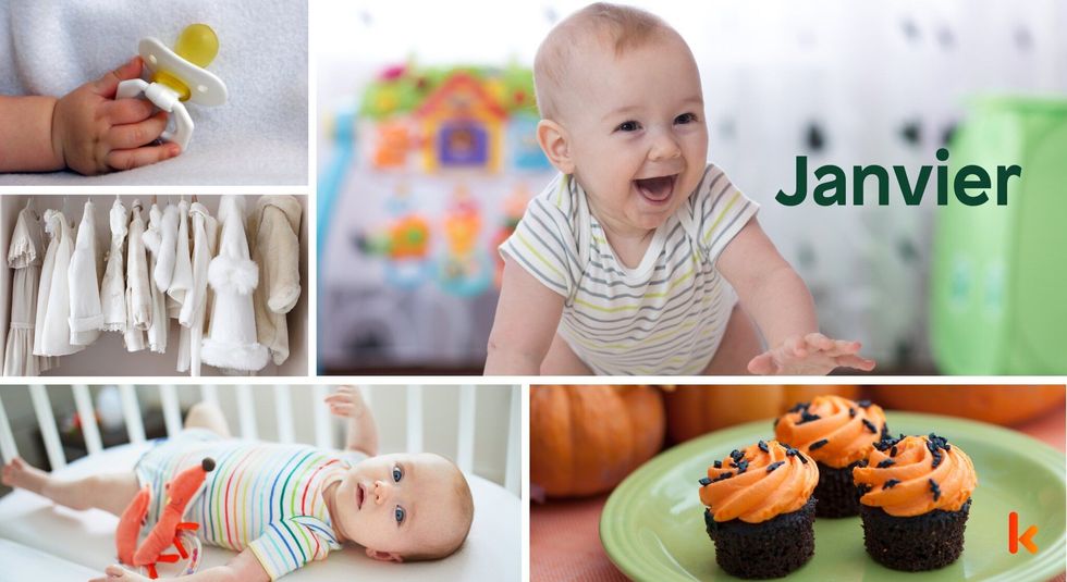 Baby name Janvier - cute baby, pacifier, clothes, baby crib & cupcakes