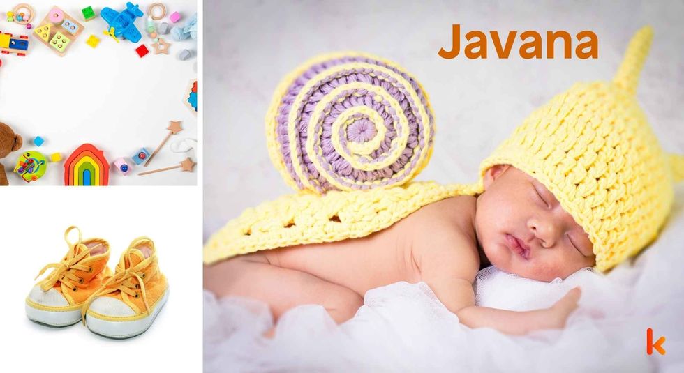 Baby Name Javana - cute baby, flowers, shoes and toys.