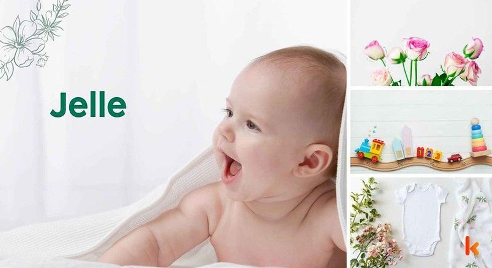 Baby Name Jelle - cute baby, baby clothes, toys, flowers.