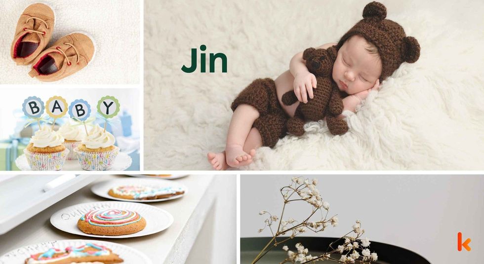 Baby name Jin - cute baby, booties, cupcake, cookies & flowers