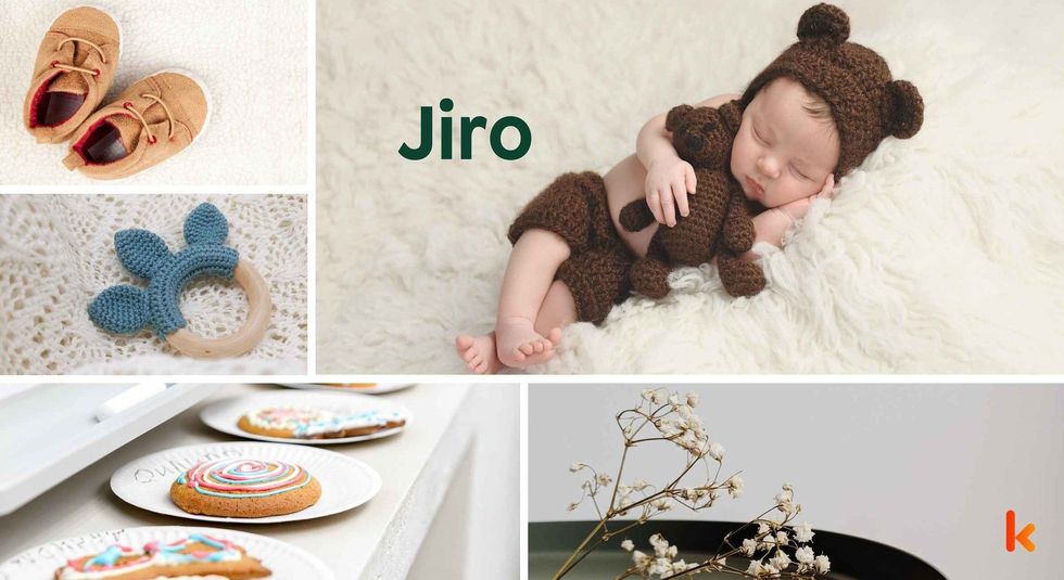 Baby name Jiro - cute baby, booties, teether, cookies & flowers