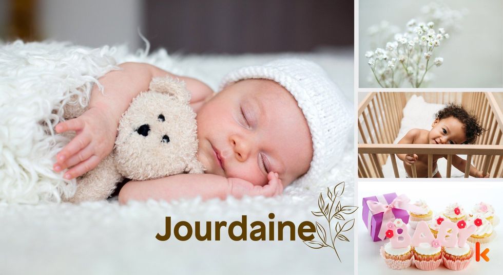 Baby name Jourdaine - cute baby, flowers, baby crib & cupcakes
