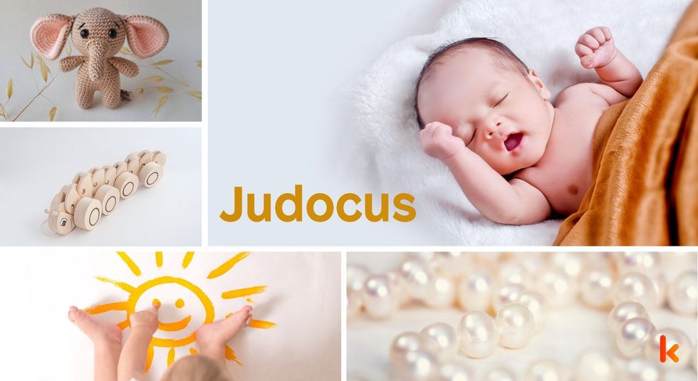 Baby Name Judocus - cute baby, knitted toy.