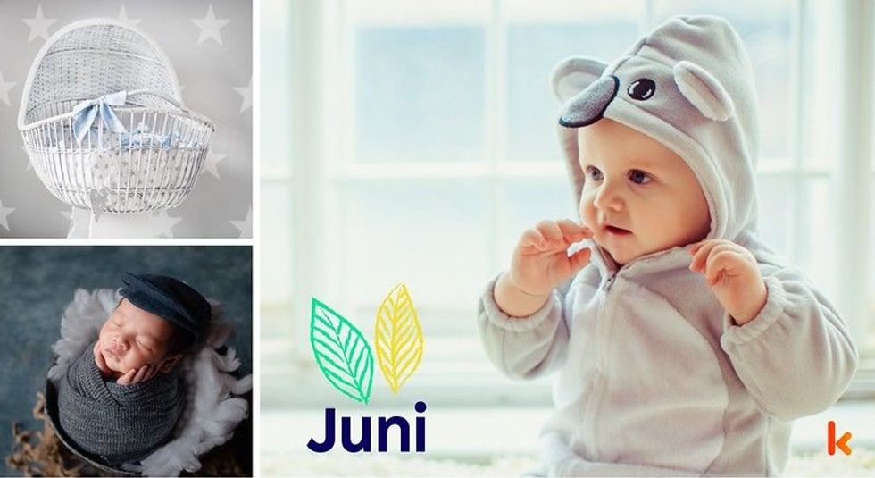 Baby Name Juni - cute baby, white cradle & grey fur basket