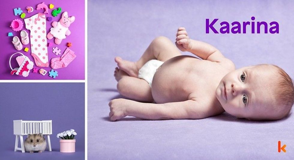 Baby Name Kaarina - cute baby, flowers, dress, shoes and toys.