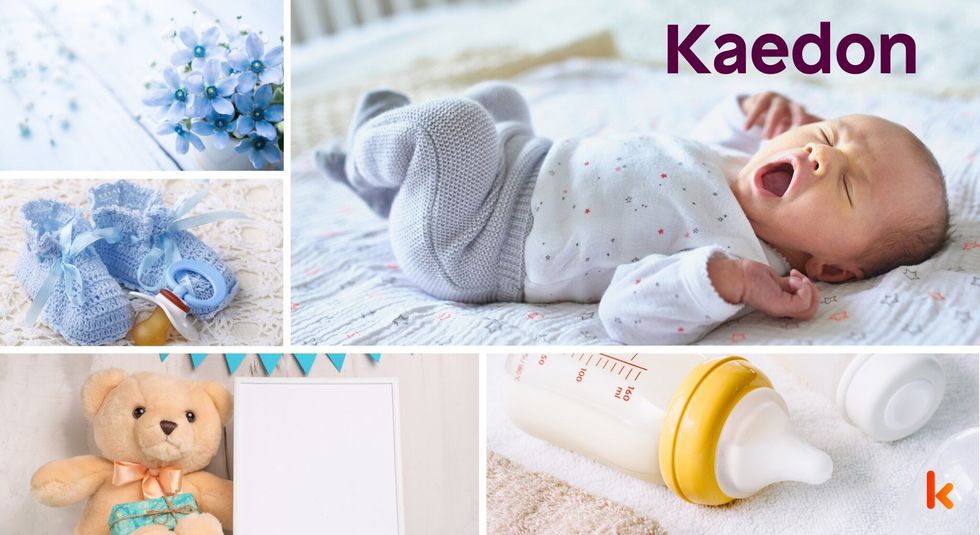Baby Name Kaedon - cute baby, flowers, shoes, pacifier and toys.